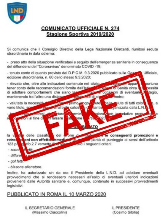 L'immagine fake del comunicato della LND che annuncia le classifiche finali dei campionati dilettantistici